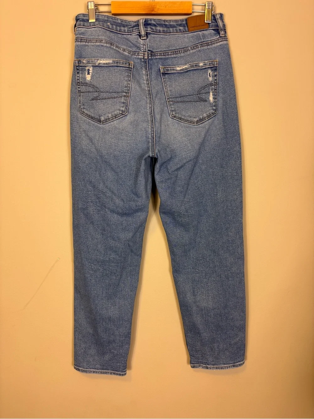 American Eagle Outfitters Light Blue Straight Leg Mom Jeans with Distress 10